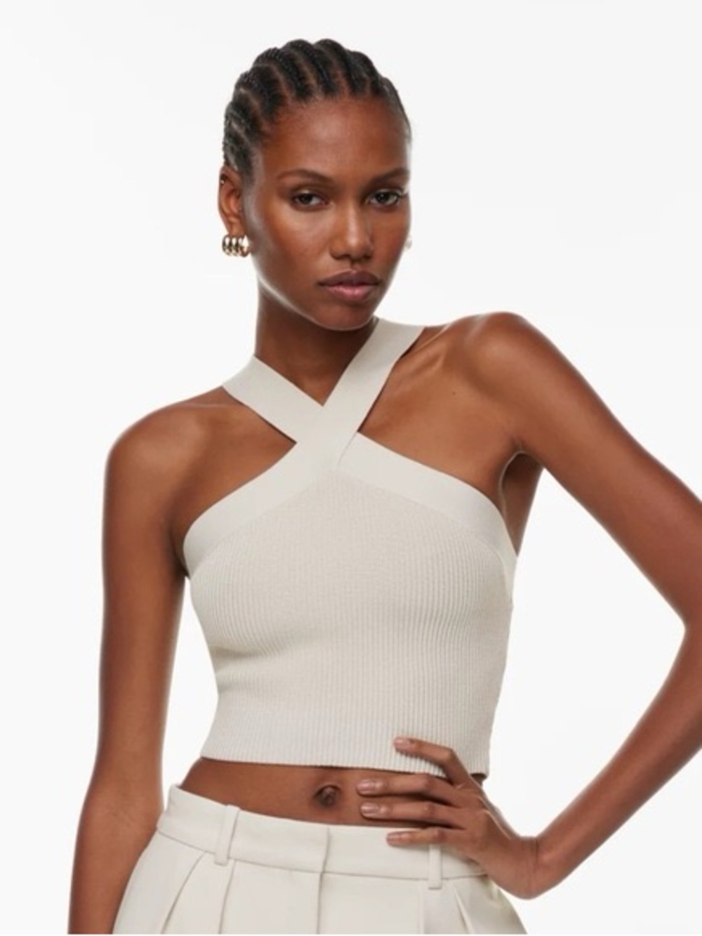 Aritzia Babaton Sculpt Knit Criss Cross Halter Cropped Tank Top in Cream Size XS